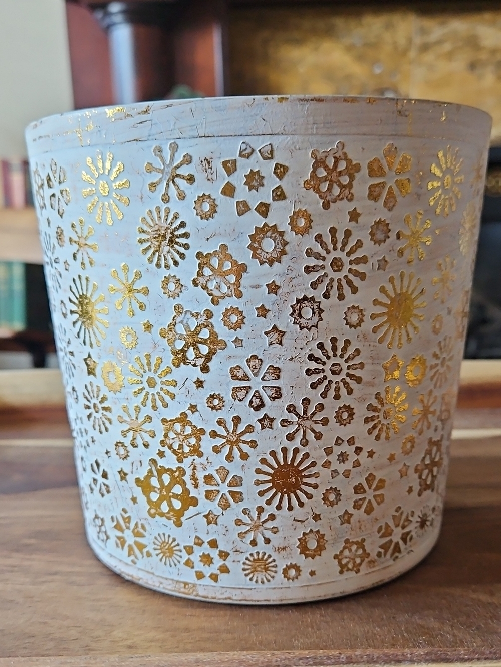 Gold Snowflake Pattern Decorative White Ceramic Planter - Home Accents